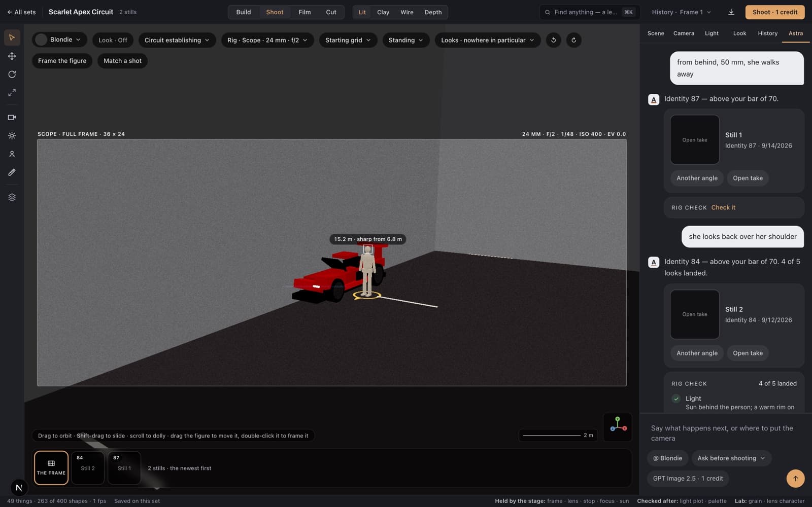 The Helios 3D workspace: a 3D racing-circuit set with anamorphic frame lines, a figure on its mark beside a red car, the rig readout and the director's chat